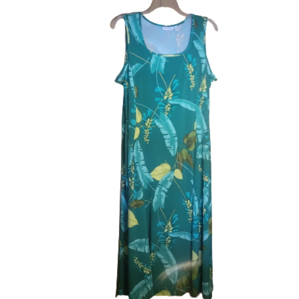 Susan Graver Liquid Knit sleeveless Midi Dress in Jungle Jade - Picture 2 of 7